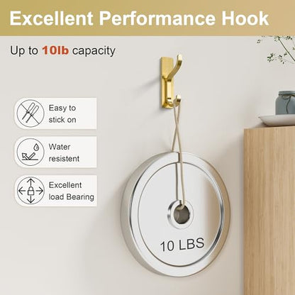 Adhesive Wall Hooks for Towel/Coat,13Lb Strong Stick-On Hooks, Gold 4 Pack | Hooks for Walls No Damage, Hooks Hanging Heavy Duty, Peel and Stick Hooks for Closet, Door, Bathroom, for Purse, Bag, Cloth