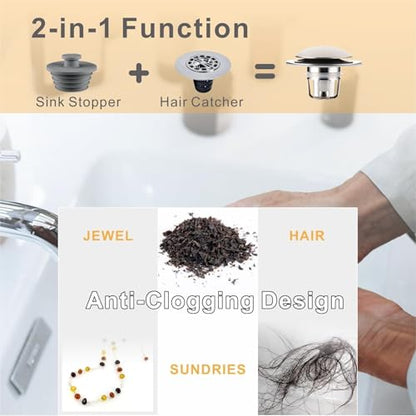 WELLUP Bathroom Sink Stopper,Sink Drain Stopper Pop Up Strainer Brushed | Bruhsed Nickel 2-in-1 Sink Stopper Replacement,Bathroom Sink Drain with Hair Catcher,Fit 1 1/8"-1 1/2",Anti-Clogging Design