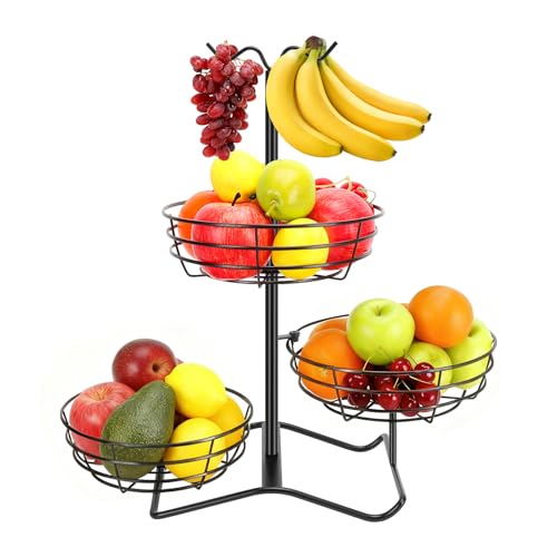 3 Tier Fruit Basket Bowl with 2 Banana Hooks, Solid Metal Standing Vegetable Storage for Kitchen Counter, Large Capacity Organizer for Bread Snack Produce (Black)