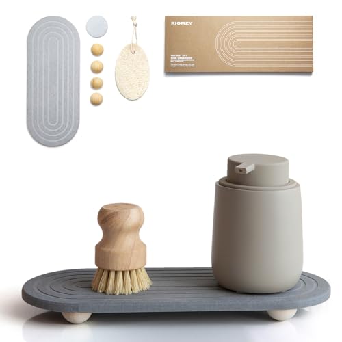 Instant Dry Sink Caddy Organizer – Water Absorbing Stone Tray for Kitchen Bathroom Countertop, Fast Drying Sink Caddy (with Wooden Feet and Natural Loofah, Gray)
