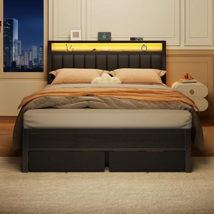 Queen Bed Frame with Storage Drawers and Upholstered Headboard