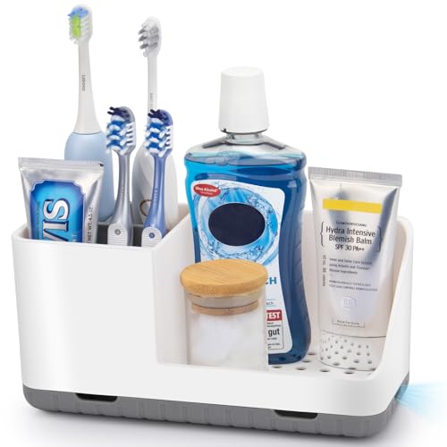 Toothbrush Holders for Bathrooms, Toothbrush and Toothpaste Holder (Grey) | Easy To Clean, Drainage, Non-Slip, Detachable, Kids Electric Toothbrush Organizer for Bathrooms Countertop Organizer