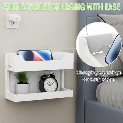 NiHome Bedside Wall Shelf Organizer, Wood 2-Tier Floating Nightstand, White | Dual Mount Adhesive Or Screw, 4 DIY Hooks, Cell Phone Glasses Holder, College Dorm Room Essentials
