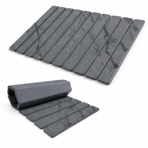 Stone Bath Mat | Foldable Diatomaceous Earth Bath Mat | Marble Print Shower Mat | Super Absorbent Diatomite | Quick Dry | Non-Slip | Bathroom Floor Mat | Easy to Clean | Compact to Store | Mold Free