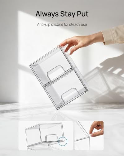 Vtopmart 2 Pack Small Clear Stackable Storage Drawers,Acrylic Bathroom Makeup Organizer,Plastic Storage Bins for Vanity, Undersink, Kitchen Cabinets, Pantry, Home Organization