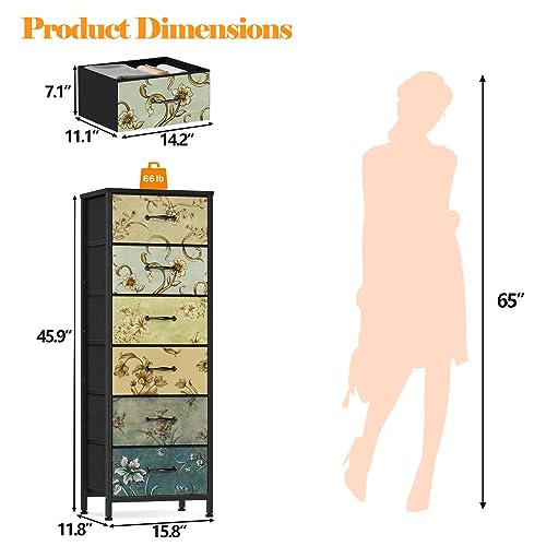 Tall 6 Drawers Dresser for Bedroom, Vintage Storage Organizer Unit | Tall Nightstand with Fabric Drawers, Retro Floral Pattern, Skinny Dresser for Closet, Dorm, Entryway, Metal Frame, Wood Top