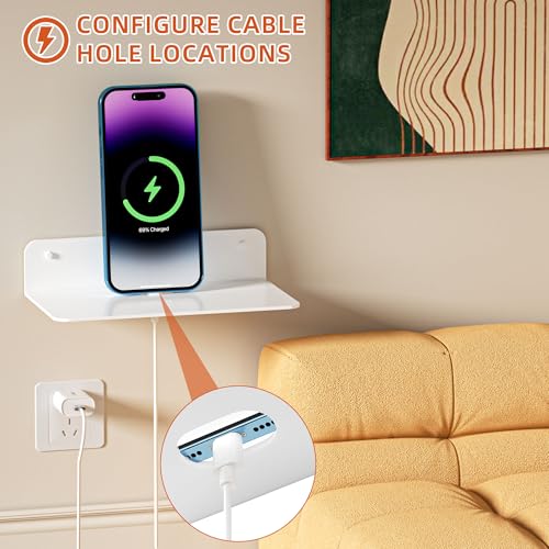 Adhesive Small Wall Shelf 2 Pack, Metal Floating Shelves, 9x4.9 | Rust-proof Aluminum, Piano White Finish, Cable Hole, No Drill，Display Ledges for Living Room Gaming Room Bedroom Bathroom