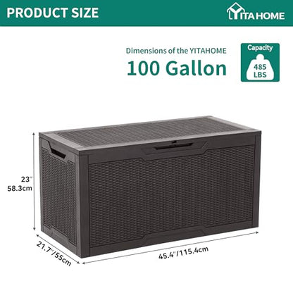 YITAHOME 100 Gallon Large Deck Box | Outdoor Resin Storage Boxes for Patio Furniture, Outdoor Cushions, Garden Tools, Water Resistant and Lockable