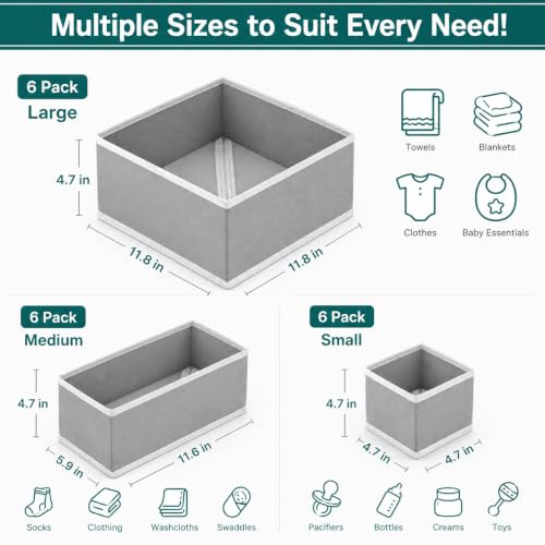 RFAQK 18 Pack Drawer Organizer Clothes-3 Sizes Dresser Organizer for Underwear Closet, Baby Clothes Organizer for Wardrobe-Foldable Fabric Drawer Dividers for Bedroom,Lingerie,Undies,Bra-Grey