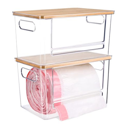 Trash Bag Dispenser Under Sink Organizer for Pantry, Kitchen, 2 Pack | Acrylic Garbage Bag Dispenser, with Bamboo Top & Handles, Extra Large, Keep Onions and Potatoes Neat, Clear, Stackable