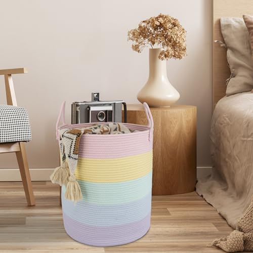 XUANGUO Rope Laundry Basket Hamper for Kids Girl, rainbow | Woven Storage Basket for Living Room Bedroom Boho Tall Baskets for Blanket Toys Pillow Towels Baby Nursery Hamper Bin
