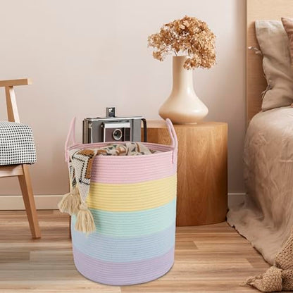 XUANGUO Rope Laundry Basket Hamper for Kids Girl, rainbow | Woven Storage Basket for Living Room Bedroom Boho Tall Baskets for Blanket Toys Pillow Towels Baby Nursery Hamper Bin