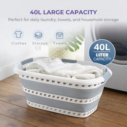 Laundry 360 Collapsible Laundry Basket 40L | Portable | Space Saver Storage | Hold 2 Loads | Store Under the Bed or Closet | Good for Kids | Dorm | Bedroom | Large | White/Grey