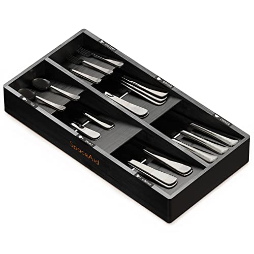 Bamboo Silverware Drawer Organizer with Labels, Ki... (Black | Bamboo)