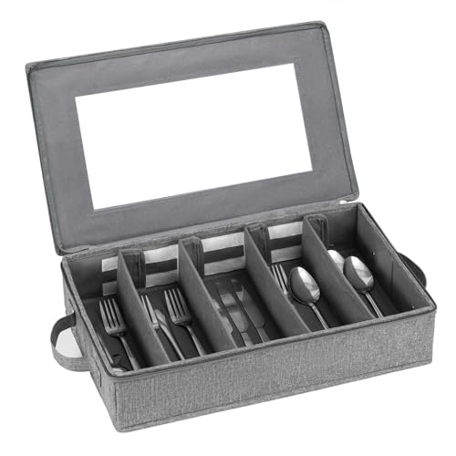 Flatware Utensil Storage Case, Silverware Storage Box Chest with Dividers | 5 Compartment Flatware Storage Box with Zipper Lid for Organizing Cutlery, Flatware, Knives, Large Capacity Gray