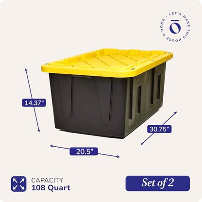HOMZ Durabilt Plastic Storage Bins with Lids, 27 Gal, Black/Yellow, 2 Pack | Heavy-Duty Large Stackable Container Boxes for Home, Attic, and Garage Organization