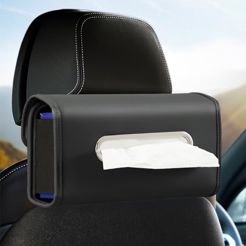 Large Car Tissue Holder, Refill Easily Clamshell O... (Black | Faux Leather)