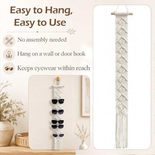 Besoamo Macrame Sunglasses Holder for Wall, Boho Eyeglasses Organizer Holds Up to 10 Pairs, Handmade Cotton Rope Glasses Rack, Hanging Eyewear Display Storage for Home, Bedroom, Entryway, Closet