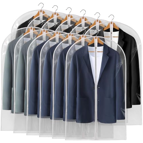40" All Clear Garment Bags for Hanging Clothes, 12 Packs Suit Bags for Closet Storage, Plastic Waterproof Suit Cover Bags with Zipper for Coats, Jackets, Shirts (Set of 12)