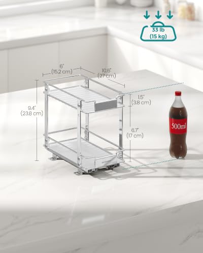 SONGMICS 2 Tier Pull Out Spice Rack for inside Cabinets, Steel | Spice Organizer, Slide Out Cabinet Organizer, for Kitchen Cabinet Storage, Silver UKCS117E101