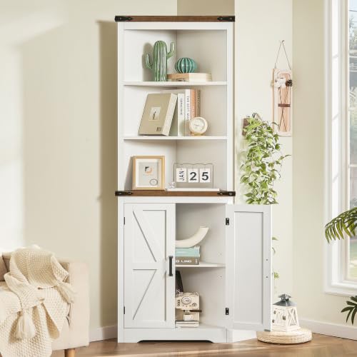 Farmhouse Corner Cabinet, 70" H Tall Corner Hutch with 5 Shelves & 2 Barn Doors, Bathroom Cabinet with Adjustable Shelf, for Living Room, Kitchen, Bathroom, White