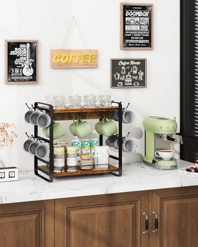 IBUYKE Kitchen Mug Cup Holder,2 Tier Coffee Bar Organizer,Brown TBJ006H | Coffee Bar Station Countertop Organizer Coffee Mug Stand with 18 Hooks,Multifunctional Mug Tree for Home Kitchen Office