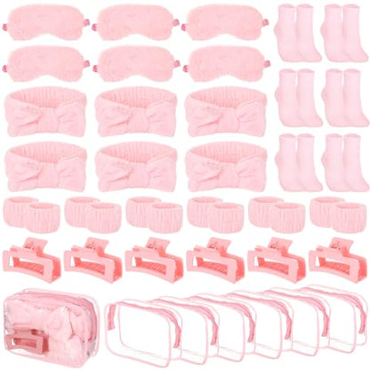 Homaisson 6 Sets Sleepover Party Supplies, Spa Set with Plush Sleep Eye Mask, Headband, Hair Clip, Socks, Bag for Girls Women Slumber Spa Birthday Pajama Gifts, Pink
