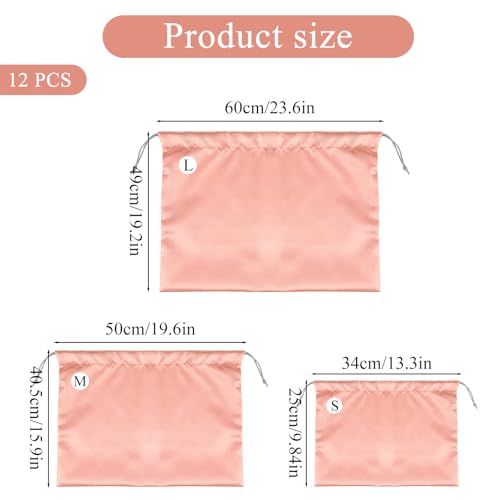 12 Pack Dust Bags for Purses and Handbags - 3 Size Premium Polyester Purse Dust Bags for Storage with Drawstring, Pink Protective Covers for Luxury Bag Shoes Boots Travel Organization