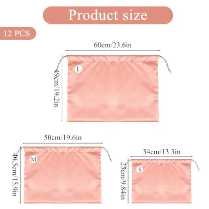 12 Pack Dust Bags for Purses and Handbags - 3 Size Premium Polyester Purse Dust Bags for Storage with Drawstring, Pink Protective Covers for Luxury Bag Shoes Boots Travel Organization