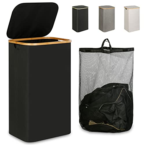IEGrow Laundry Hamper with Lid, 110L Laundry Basket with Bag,Black | Dirty Clothes Hamper Basket with Bamboo Handle for Clothes Towels Organization