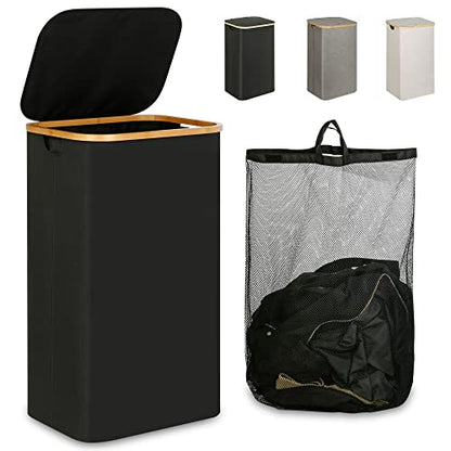 IEGrow Laundry Hamper with Lid, 110L Laundry Basket with Bag,Black | Dirty Clothes Hamper Basket with Bamboo Handle for Clothes Towels Organization