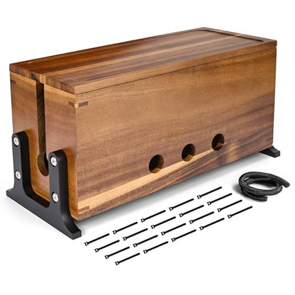Extra Large Acacia Wood Cable Management Box, Pet Child Safe Cord Hider | Home Decor Cord Organizer, Sturdy Cable Hider Box for Power Strip, TV Wires, Desk & Floor & Office Under Desk Cable