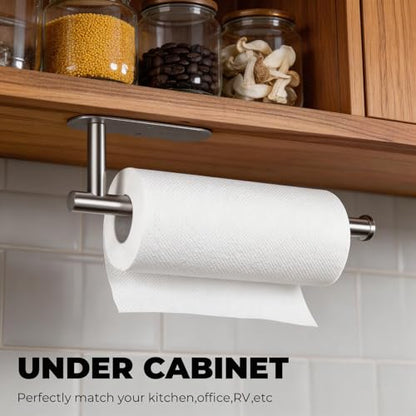 CUXIXA Paper Towel Holder Under Cabinet 2 Pack,Stainless Steel Paper Towel Holder Wall Mount for Kitchen, Bathroom, RV, Paper Towel Rack with Self Adhesive and Screws (Silver)