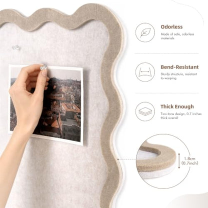VABAMNA Scalloped Felt Bulletin Board 24"x18", Felt Cork Board Alternative for Wall, Foldable Picture Self-Adhesive Boards with Pins Hooks, Vision Boards for Photo Display School Home Office, Oatmeal