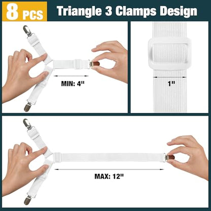 8 Pack Bed Sheet Fasteners, Adjustable Mattress Cover Straps with Metal Clips, Elastic Bed Corner Holders, Non Slip Sheet Clips, White Color