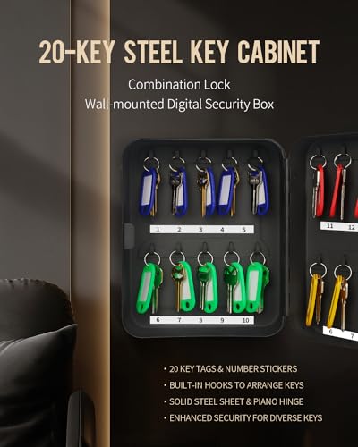 Uniclife 20-Key Steel Key Cabinet, Black Key Box with Combination Lock | Resettable Digital Security Storage Box, Wall-Mounted Key Organizer with Colorful Key Tag Labels for Schools and Companies