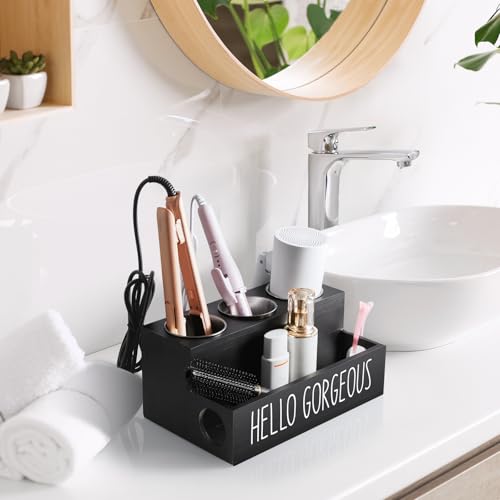 Hair Tool Organizer, Wooden Hair Dryer Holder Countertop, Wall Mount Hot Tools Organizer for Hair Styling Accessories, Bathroom Supplies Vanity Caddy for Curling Wand, Blow Dryer, Black