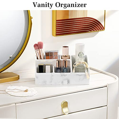 Luxspire Bathroom Counter Organizer, 5 Slots, Gravel White | Toothbrush Holder for Bathroom, Marble Bathroom Accessories for Toothbrush Toothpaste