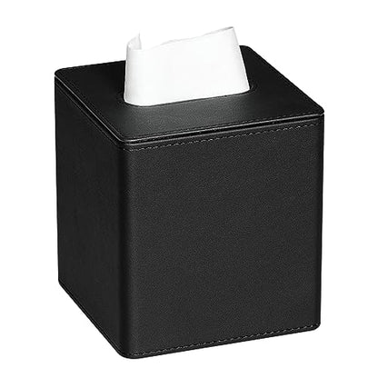 PU Leather Square Tissue Box Cover with Bottom, Black | Fits All Standard Cube Tissue Boxes, Modern Decorative Tissue Box Holder for Bathroom, Bedroom, Office, Living Room