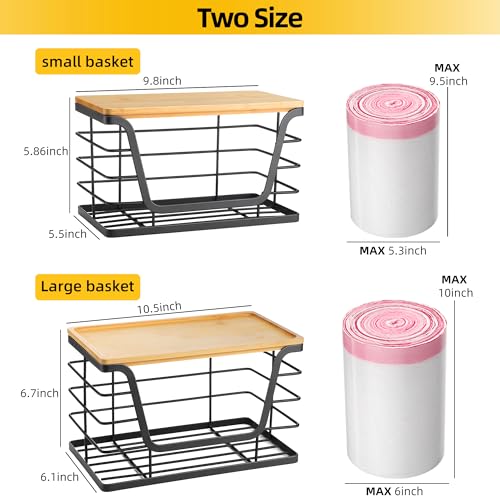 2 Pack Storage Stackable Kitchen Laundry Organizers with Bamboo Top, Large Trash Bag Holder and Small Garbage Bag Dispenser for Countertop Organization