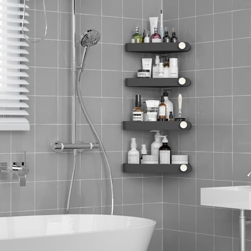 Plastic Shower Caddy Corner (for 90° Only), 4 Pack, Black | Adhesive Corner Shower Shelves for Smooth Wall Bathroom Organizers and Storage, Bathroom Decor
