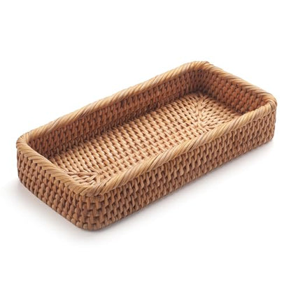 Rattan Bathroom Vanity Trays Toilet Tank Baskets Long Narrow Hand Towel Storage Basket for Storage, Decorative (Natural 10.2 x 4.9 x 1.6 inch)