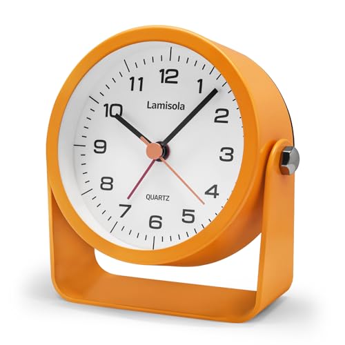 Lamisola 3.5 Inch Bathroom Clock, Small Alarm Clock for Bedroom, Orange | Battery Travel Desk Table Analog Clock for Kids Seniors Teens, Retro Cute Metal Home Decor Shelf Clock, Night Light Snooze
