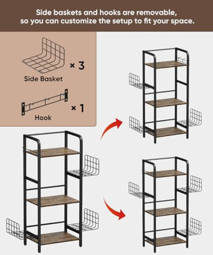 3-Tier Purse Organizer Rack, Iron & Wood Floor-Standing Bag Storage Holder with Adjustable Side Basket and Hook Handbag Organizers Display Stand Shelf for Closet, Bedroom, Entryway, Black