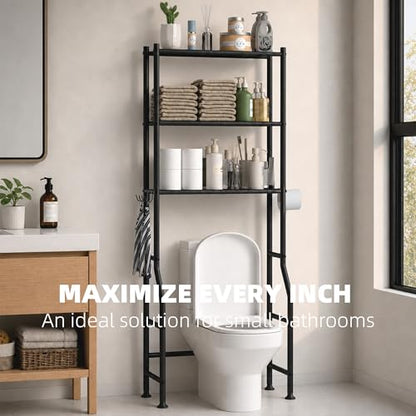 3-Tier Over Toilet Storage, Anti-Tilt, 64" H, Black | Anti-Tilt Safety System, 150lb Capacity, Carbon Steel, Freestanding, No Drilling, Anti-Rust Coating, Paper Holder & 4 Hooks