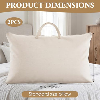 2 Pack Travel Pillow and Blanket Bags, 100% Cotton Canvas Pillow Storage Bag with Handles for Airplane Home, Heavy Duty Breathable Organizer for Bedding Linens, Pillow Bag for Traveling(2,20"x36")