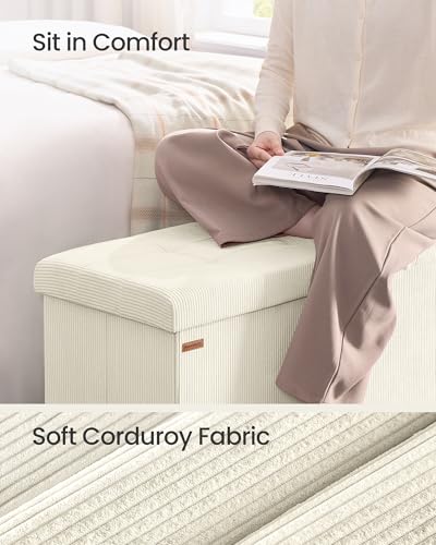 SONGMICS Mazie Collection - Storage Ottoman Bench, Foldable Foot Rest, 15 x 30 x 15 Inches, End of Bed Bench, Storage Chest, Load 660 lb, Living Room, Bedroom, Entryway, Cream White ULSF603W01