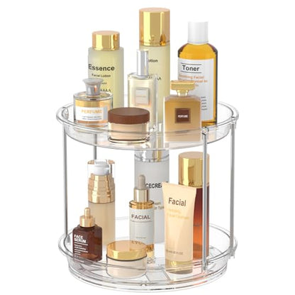 360 Rotating Makeup Organizer, 2 Tier Skincare & Perfume Holder for Bathroom Counter, Clear Spinning Vanity Tray, Lazy Susan Turntable Organizer for Dresser, Kitchen Cabinet