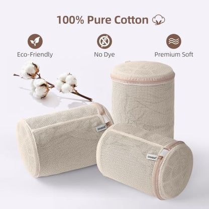100% Pure Cotton Mesh Laundry Bags, Bra Washing Bags for Laundry, No Dye, Set of 3, Natural(8x6.5 Inch)