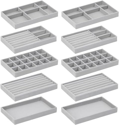10 Pack Jewelry Organizer Tray Drawer Inserts Stackable Velvet Liner Dividers Customizable Jewellery Box Foam Ring Earring Holder Necklace Bracelet Storage Display Dish Flat in Dresser Vanity